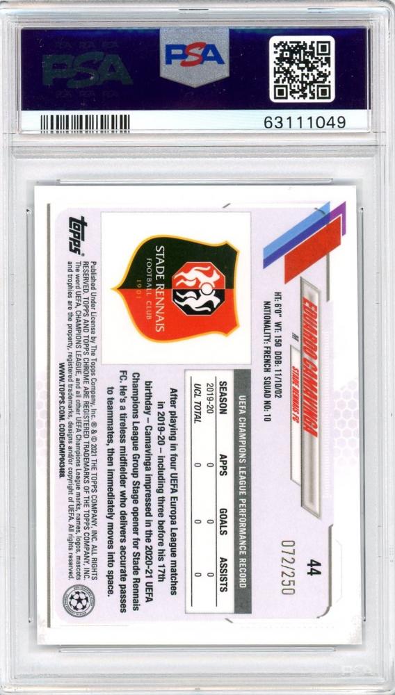 2020-21 Topps Chrome UEFA Champions League Stade Rennais FC Eduardo Camavinga Base Purple Mini-Diamond RC PSA 9 card