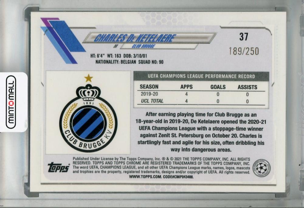 2020-21 Topps Chrome UEFA Champions League Charles De Ketelaere Purple Mini-Diamond card number 189 of 250