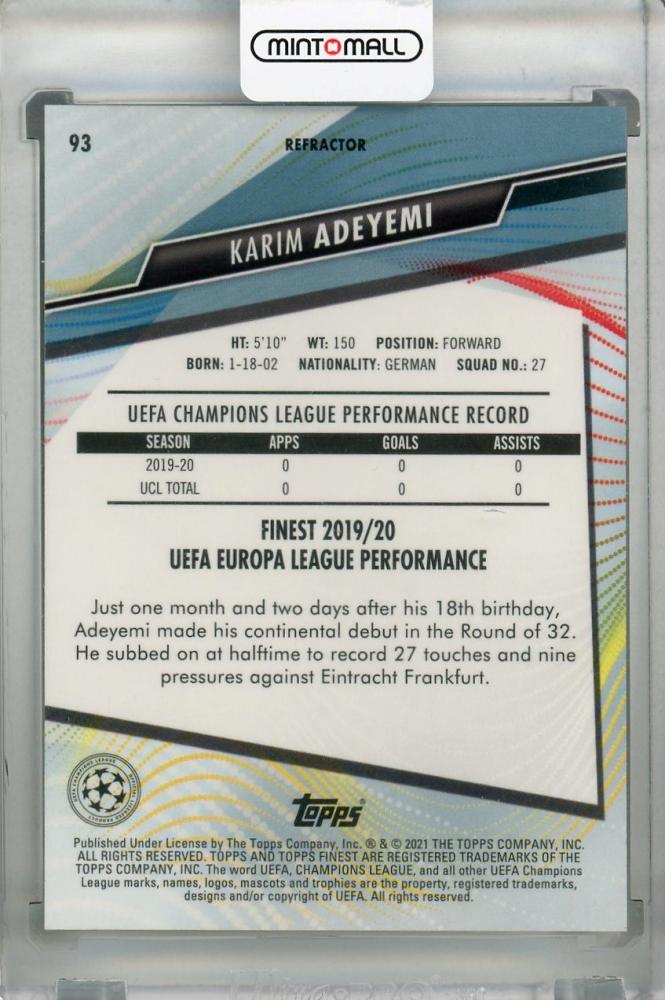 2020-21 Topps Finest UEFA Champions League Karim Adeyemi FC Salzburg base refractor card parallel version with minor stain on back