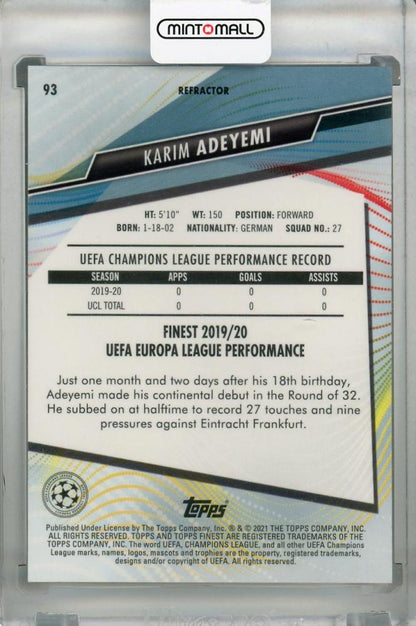 2020-21 Topps Finest UEFA Champions League Karim Adeyemi FC Salzburg base refractor card parallel version with minor stain on back