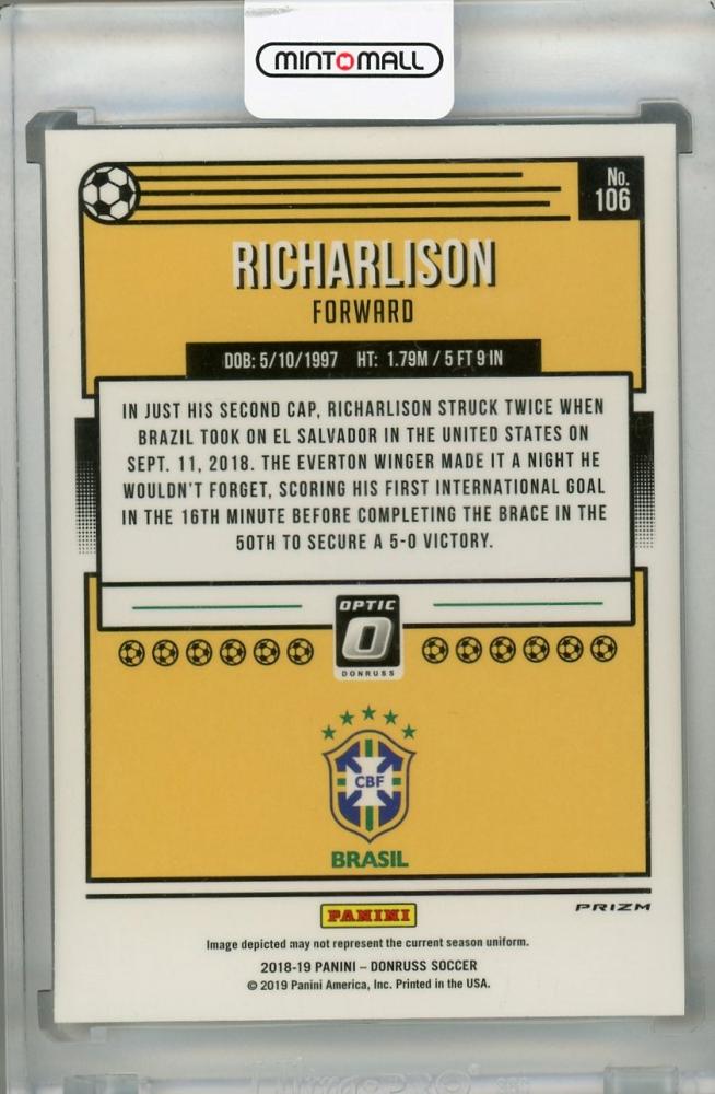 2018-19 Donruss Brazil Richarlison Base Optic Holo Parallel trading card featuring Richarlison in Brazil kit