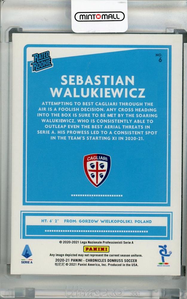 2020-21 Panini Chronicles Sebastian Walukiewicz Cagliari Calcio Press Proof Green parallel trading card