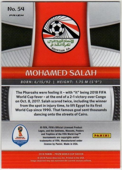 2018 Panini World Cup Prizm Mohamed Salah No.54 soccer trading card featuring Mohamed Salah
