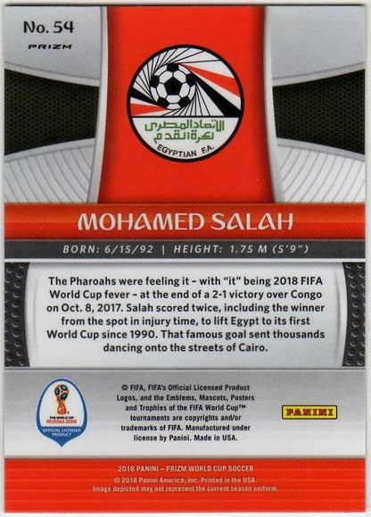 2018 Panini World Cup Prizm Mohamed Salah No.54 soccer trading card featuring Mohamed Salah