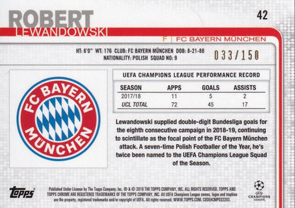 2018-19 Topps Chrome UEFA Champions League Robert Lewandowski FC Bayern Munchen Blue parallel card number 033 out of 150