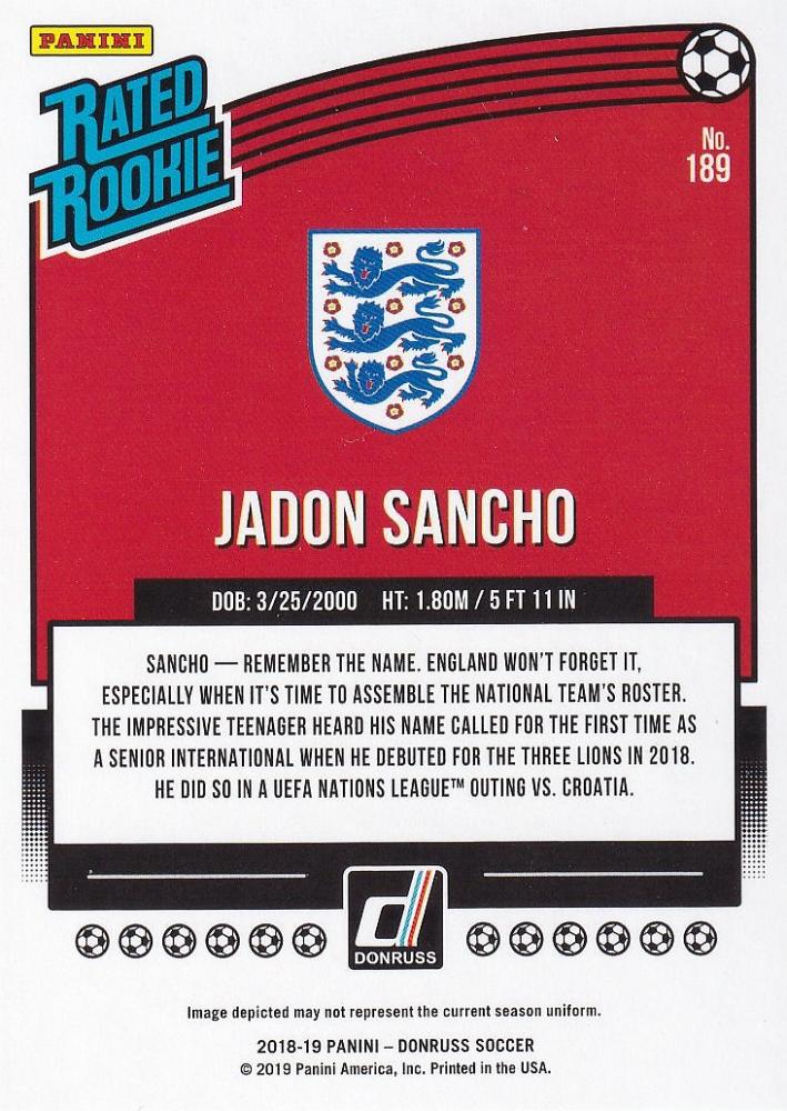 2018-19 Panini Donruss England Jadon Sancho Base collectible trading card