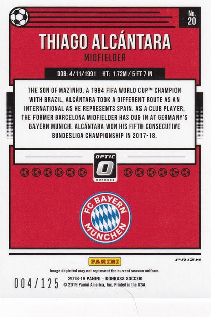 2018-19 Panini Donruss Thiago Alcantara FC Bayern Munich Purple Velocity parallel card numbered 004/125