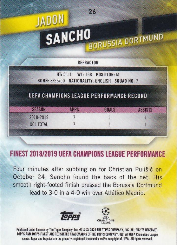 2019-20 Topps Finest UEFA Champions League Borussia Dortmund Jadon Sancho Base Refractor soccer card