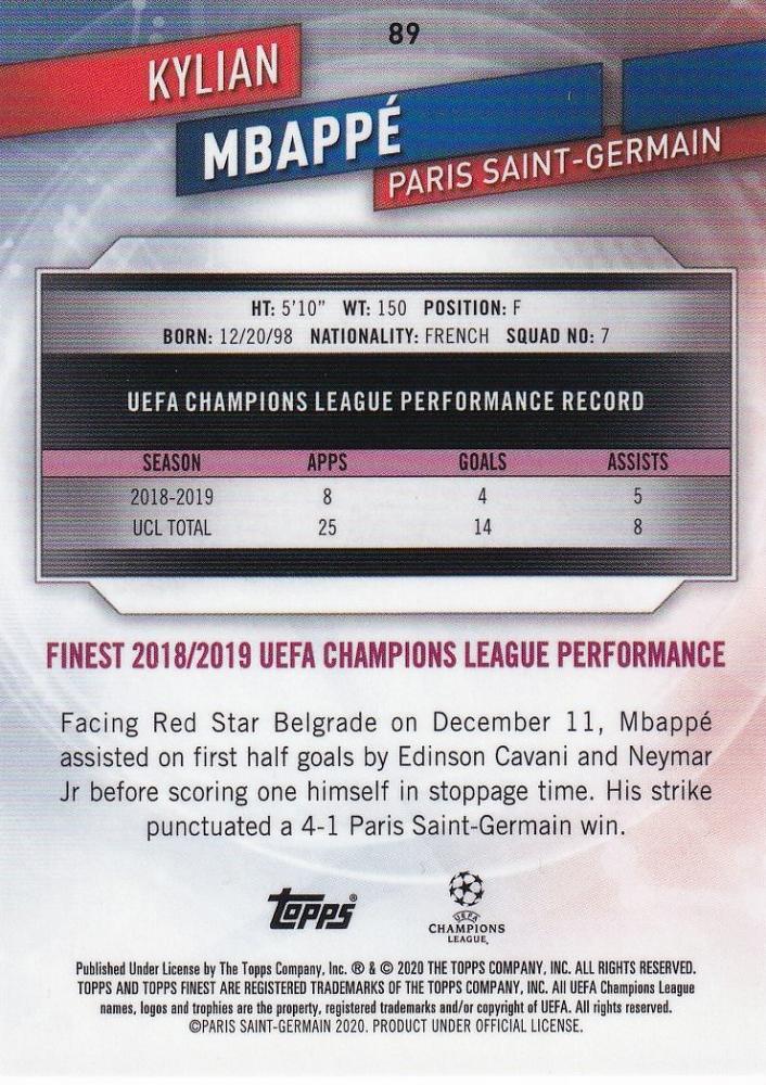 2019-20 Topps Finest UEFA Champions League Kylian Mbappe Paris Saint-Germain Purple Parallel card number 168 of 250