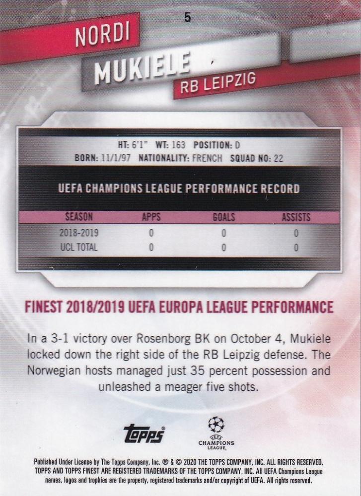 2019-20 Topps Finest UEFA Champions League Nordi Mukiele RB Leipzig Green parallel soccer card number 66 of 99