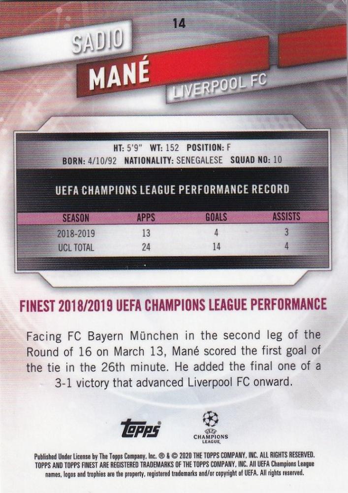 2019-20 Topps Finest UEFA Champions League Sadio Mane Liverpool FC Green Parallel Card 74 of 99