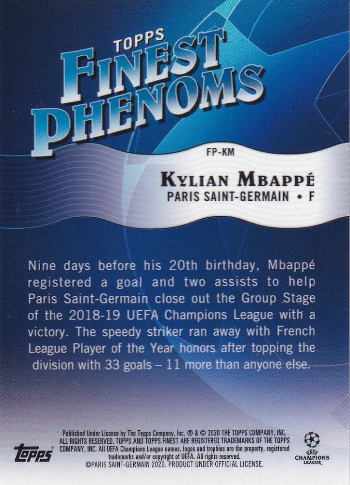 2019-20 Topps Finest UEFA Champions League Kylian Mbappe Finest Phenoms soccer trading card featuring Paris Saint-Germain