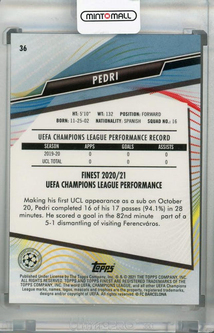 2020-21 Topps Finest UEFA Champions League football card of Pedri from FC Barcelona series Finest