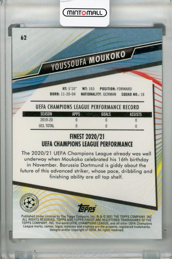 2020-21 Topps Finest UEFA Champions League Borussia Dortmund Youssoufa Moukoko Base trading card with minor stain on back