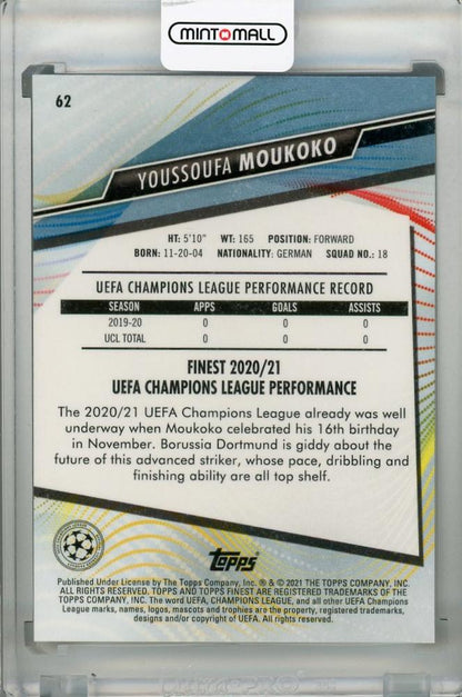 2020-21 Topps Finest UEFA Champions League Borussia Dortmund Youssoufa Moukoko Base trading card with minor stain on back