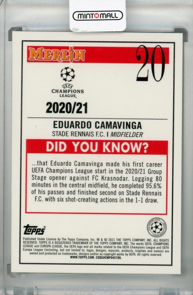 2020-21 Topps Merlin Chrome trading card of Eduardo Camavinga from Stade Rennais F.C.