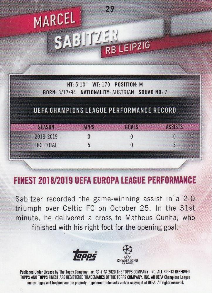 2019-20 Topps Finest UEFA Champions League Marcel Sabitzer RB Leipzig Orange Parallel soccer card number 19 of 25