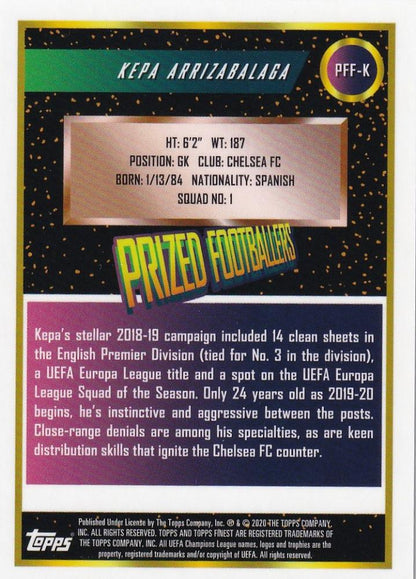 2019-20 Topps Finest UEFA Champions League Soccer card of Chelsea FC Kepa Arrizabalaga Green Red Fusion parallel 11 out of 20