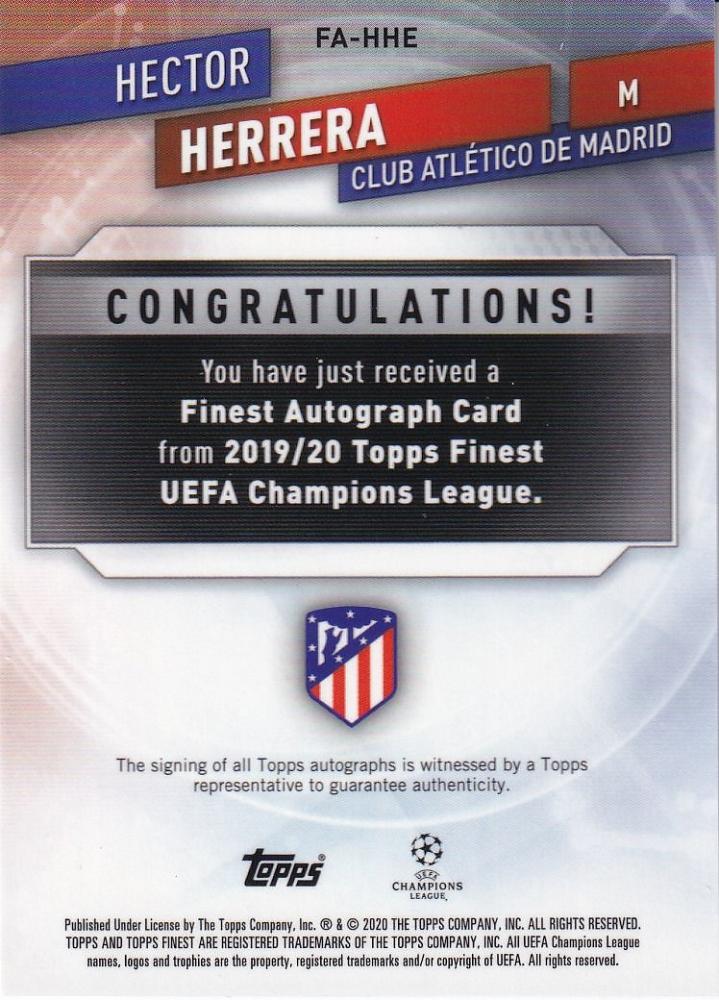 2019-20 Topps Finest UEFA Champions League Hector Herrera Soccer card Blue Parallel 077/150 from Atletico De Madrid