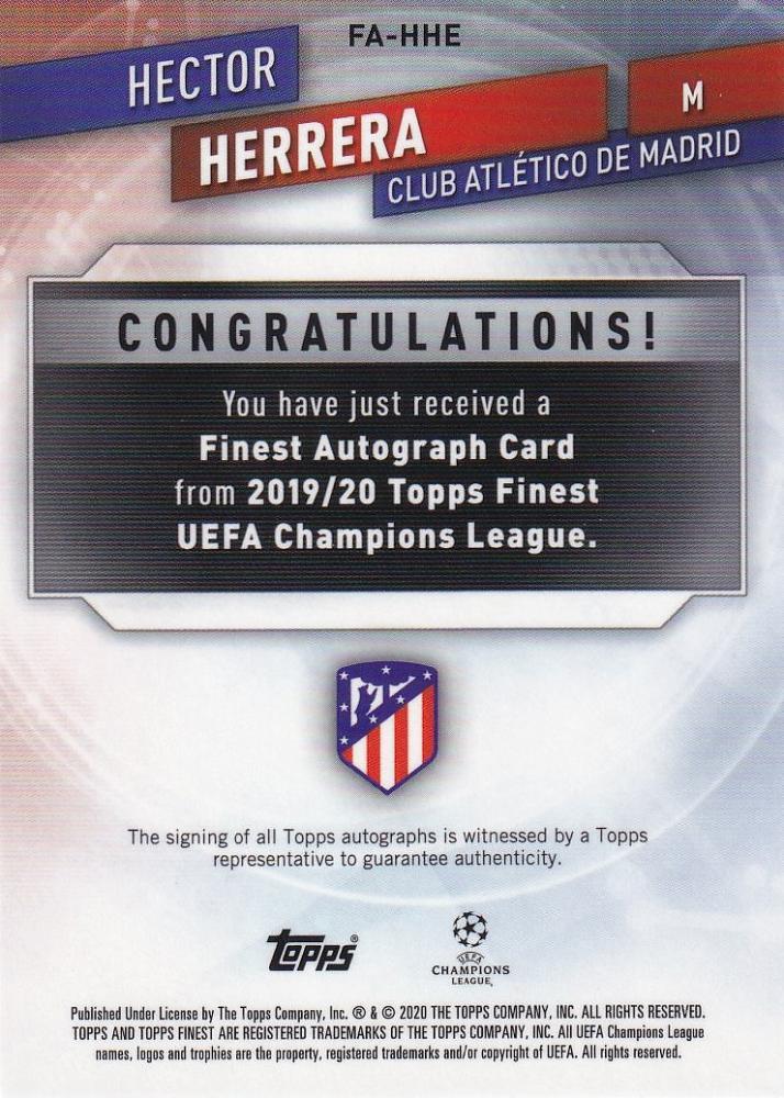 2019-20 Topps Finest UEFA Champions League Hector Herrera Atletico De Madrid Green Wave autograph card #80 of 99