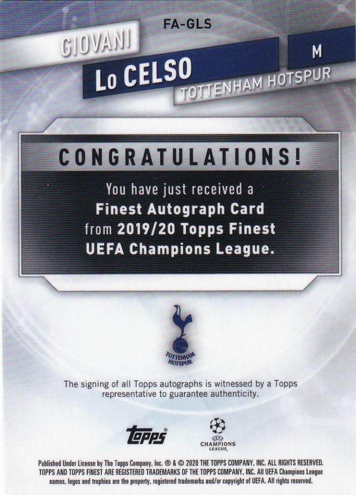 2019-20 Topps Finest UEFA Champions League Tottenham Hotspur Giovani Lo Celso Green Wave Parallel autograph card 39/99