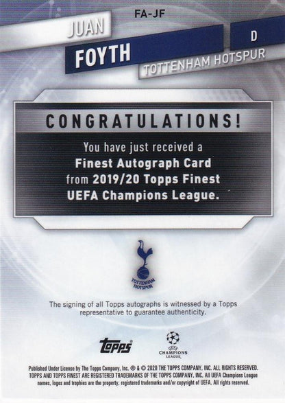 2019-20 Topps Finest UEFA Champions League Juan Foyth autographed gold parallel soccer card numbered 08 out of 50
