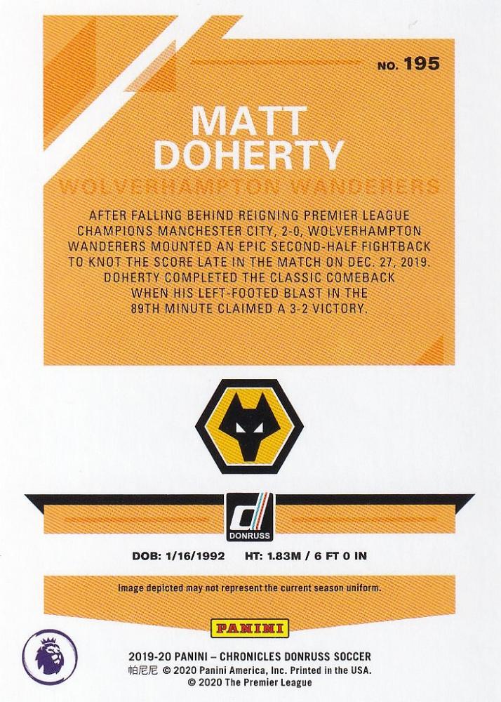 2019-20 Panini Chronicles Wolverhampton Wanderers Matt Doherty base Donruss Premier League Red Parallel card numbered 35 of 99