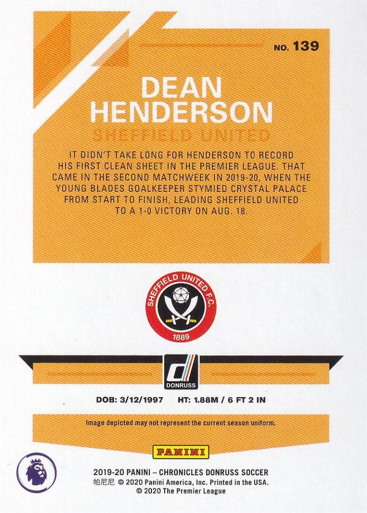 2019-20 Panini Chronicles Sheffield United Dean Henderson Blue Parallel trading card numbered 63 of 75