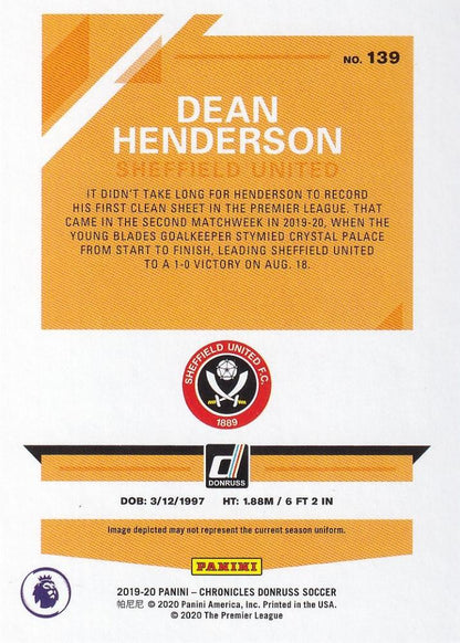 2019-20 Panini Chronicles Sheffield United Dean Henderson Blue Parallel trading card numbered 63 of 75