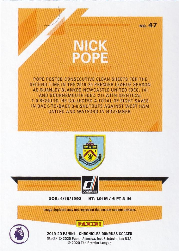 2019-20 Panini Chronicles Burnley Nick Pope Base Donruss Premier League Green Parallel card number 46/50