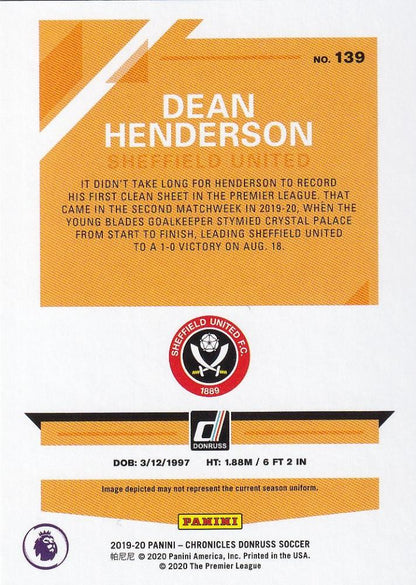 2019-20 Panini Chronicles Sheffield United Dean Henderson Base Donruss Premier League Gold Parallel trading card numbered 04/25