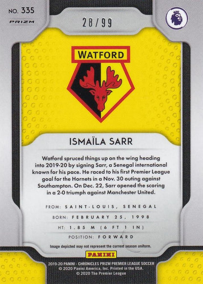2019-20 Panini Chronicles Watford Ismaila Sarr Premier League Prizm Update Blue Ice Parallel card number 28 out of 99