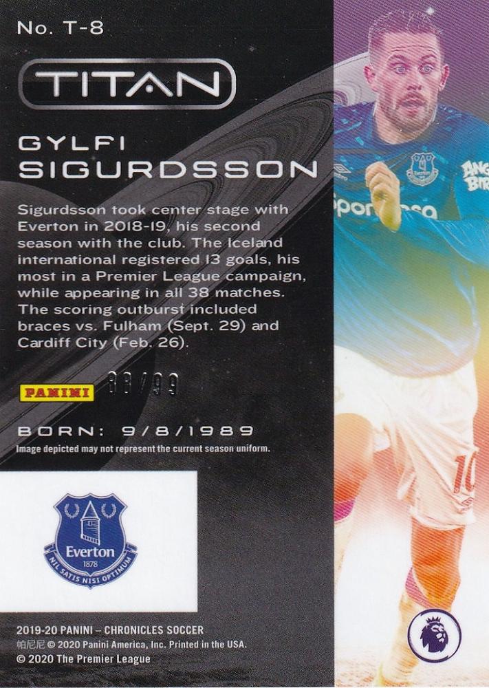 2019-20 Panini Chronicles Everton Gylfi Sigurdsson Titan Blue Ice Parallel trading card number 88 out of 99