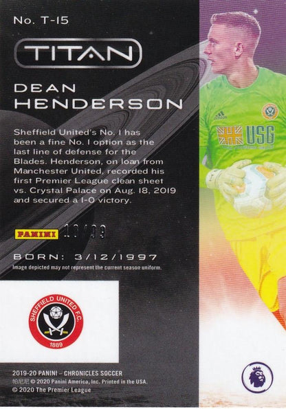 2019-20 Panini Chronicles Sheffield United Dean Henderson Titan Blue Ice parallel card numbered 10 of 99