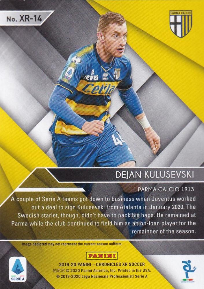 2019-20 Panini Chronicles Parma Calcio Dejan Kulusevski XR rookie card with minor stain on back
