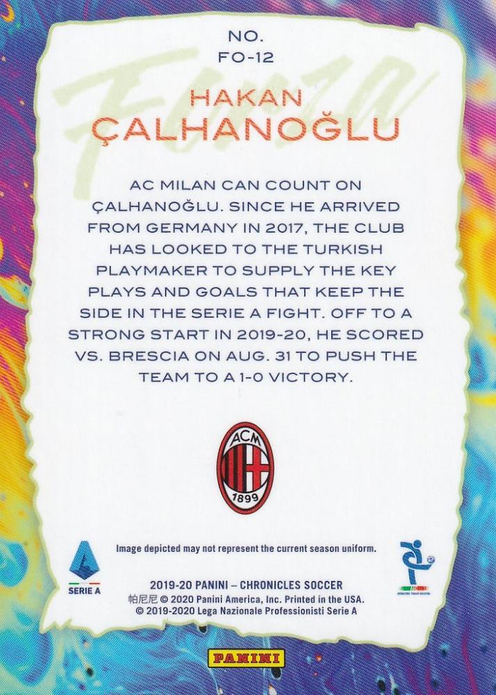 2019-20 Panini Chronicles trading card featuring AC Milan's Hakan Calhanoglu Forza edition