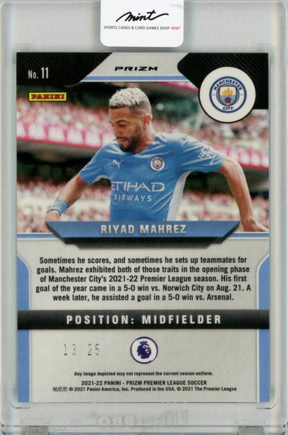 2021-22 Panini Prizm Premier League Riyad Mahrez Orange Base No.11 trading card numbered 13 out of 25