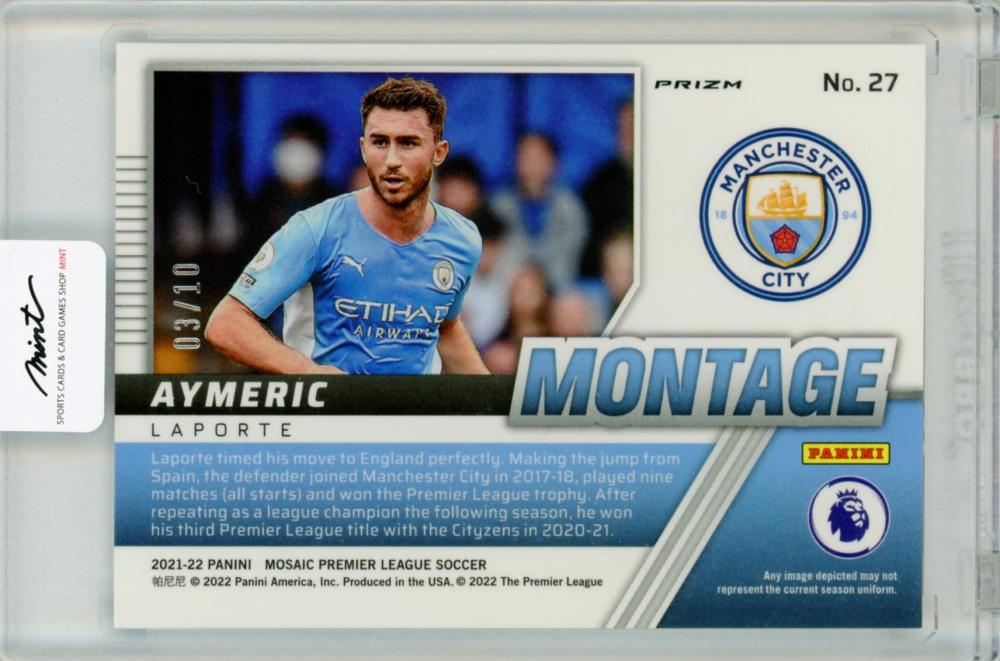 2021-22 Panini Mosaic Premier League Aymeric Laporte trading card No.27 Gold serial 3 of 10