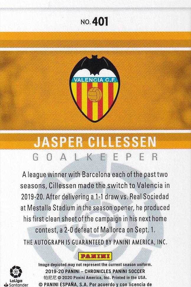 2019-20 Panini Chronicles trading card of Jasper Cillessen from Valencia CF numbered 232 out of 300