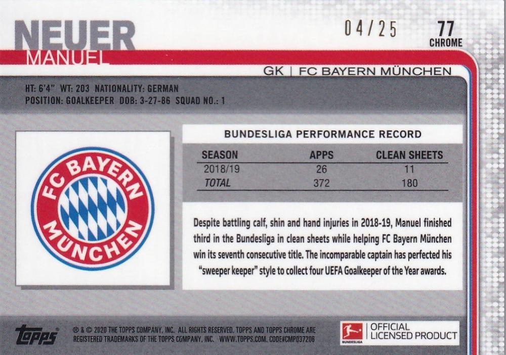2019-20 Topps Chrome Bundesliga football card of Manuel Neuer FC Bayern Munchen Base Orange parallel 04/25