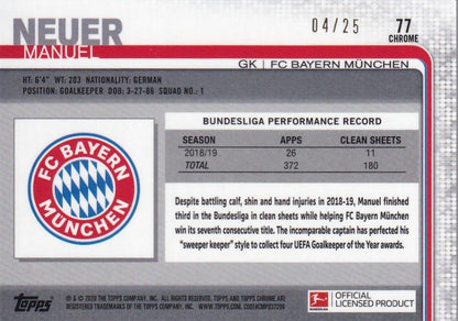 2019-20 Topps Chrome Bundesliga football card of Manuel Neuer FC Bayern Munchen Base Orange parallel 04/25