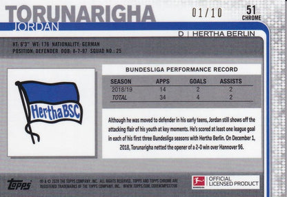 2019-20 Topps Chrome Bundesliga Hertha Berlin Jordan Torunarigha Base Red parallel card numbered 01/10