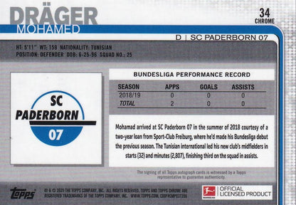 2019-20 Topps Chrome Bundesliga SC Paderborn 07 Mohamed Drager base autograph trading card
