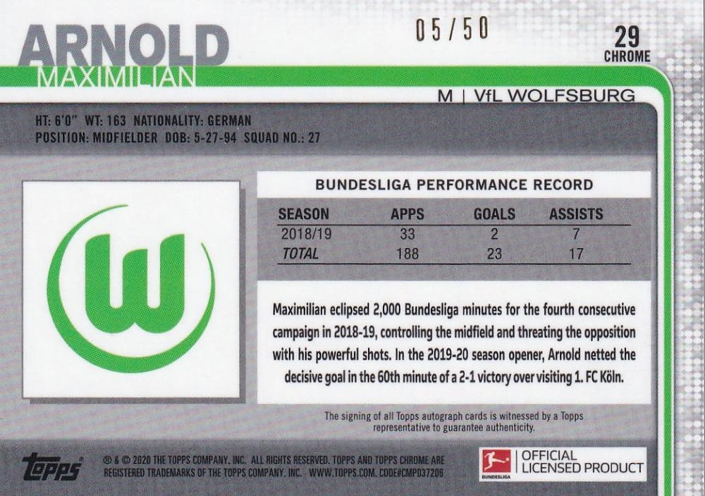 2019-20 Topps Chrome Bundesliga VfL Wolfsburg Maximilian Arnold Base Autographs Gold Parallel card serial 05 of 50