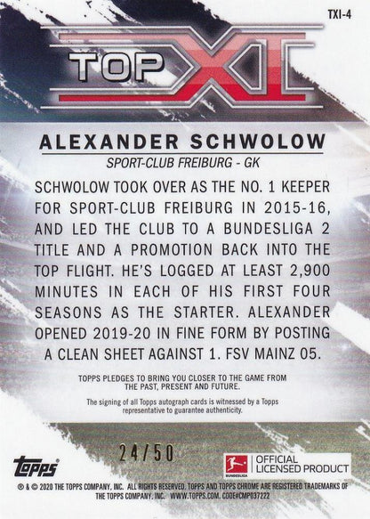 2019-20 Topps Chrome Bundesliga Alexander Schwolow SC Freiburg Top XI Autographs card 24 of 50 with minor back stain