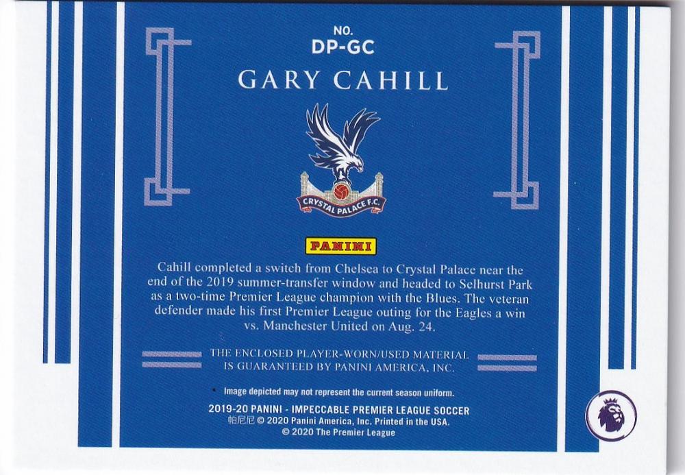 2019-20 Panini Impeccable Premier League trading card featuring Gary Cahill of Crystal Palace, serial numbered 76/99