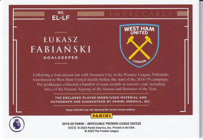 2019-20 Panini Impeccable Premier League Lukasz Fabianski autographed trading card serial 27 of 99
