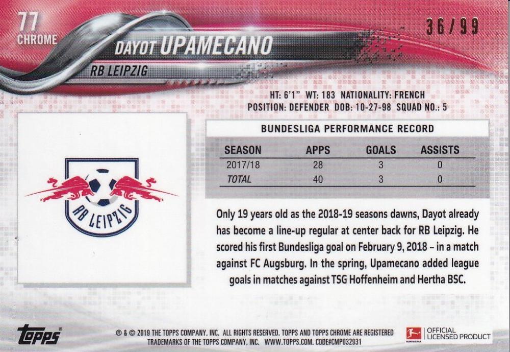 2018-19 Topps Chrome Bundesliga Dayot Upamecano RB Leipzig Blue Wave parallel card numbered 36 of 99