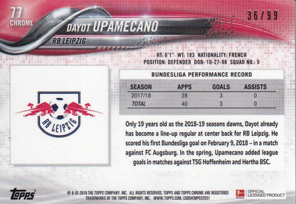 2018-19 Topps Chrome Bundesliga Dayot Upamecano RB Leipzig Blue Wave parallel card numbered 36 of 99