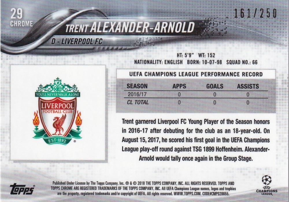 2017-18 Topps Chrome UEFA Champions League Liverpool FC Trent Alexander-Arnold Base Purple Parallel trading card
